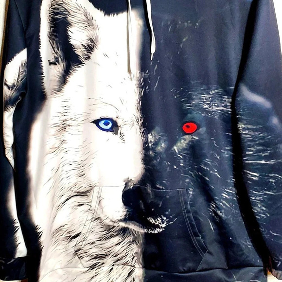 Wolf Duality 3D Fashion Hoodie With Blue & Red Eyes Graphic 4XL Pull Over - Picture 4 of 6